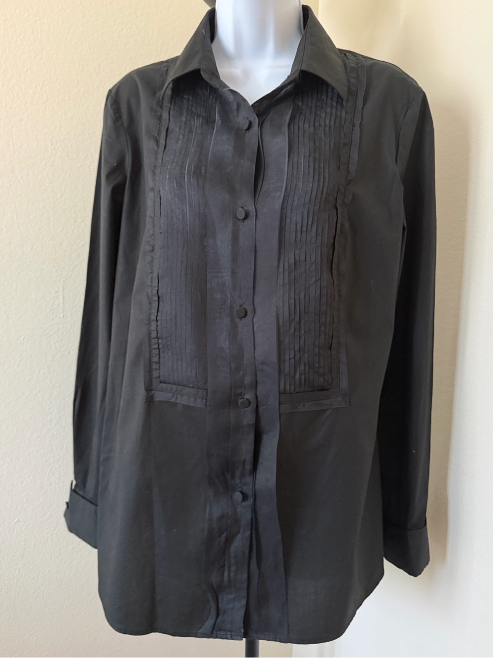 Valentino  Roma Woman’s Black Long-Sleeve Pleated Front Dress Shirt
